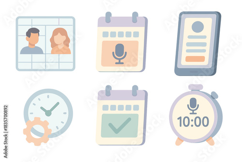 Podcast Scheduling Tools. Isometric vector illustration set Podcast guest booking and interview scheduling: host and guest avatar