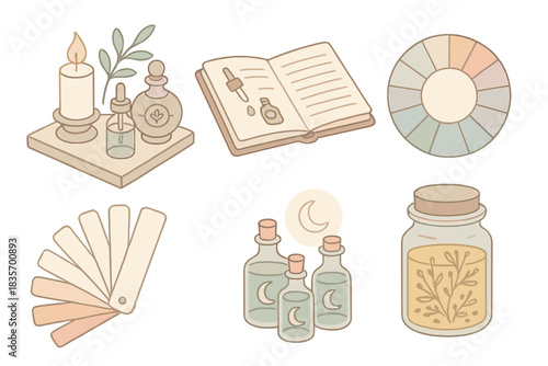 Esoteric Perfume Illustration Set. Isometric vector illustration set Esoteric perfume oil blending notes: enchanted scent altar