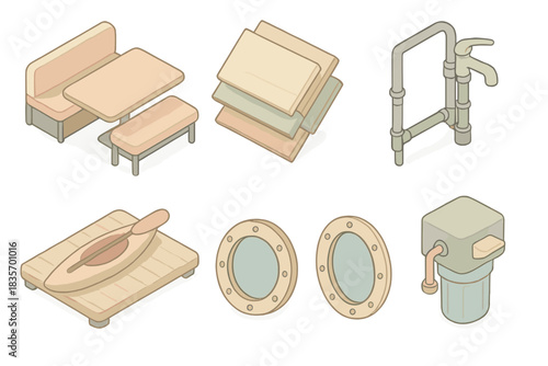 Tiny House Boat Designs. Isometric vector illustration set Tiny house boat customization: stowable dining table with benches,