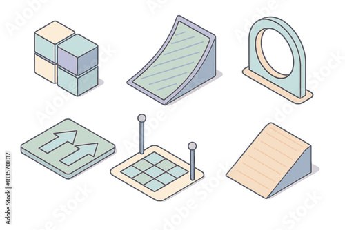 Drone Racing Course Design. Isometric vector illustration set Drone racing obstacle course design: modular obstacle block set,