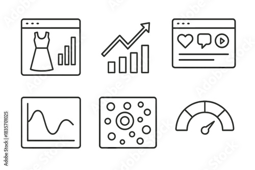 Fashion Analytics Icons. Line style icons of fashion analytics from virtual shows: outfit view count chart, style trend arrow,