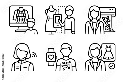 Futuristic Fashion Icons. Line style icons of futuristic fashion careers: 3D clothing designer, digital tailor icon, fashion print