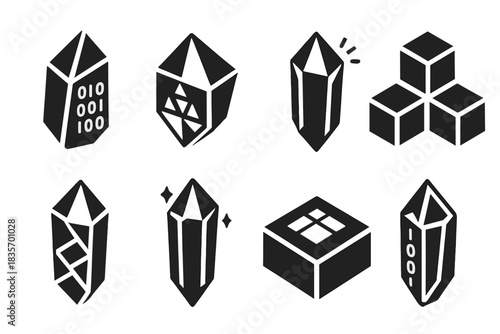 Crystal Data Icons. Solid style icons of crystal memory storage: holographic crystals, data prisms, laser-etched cores.