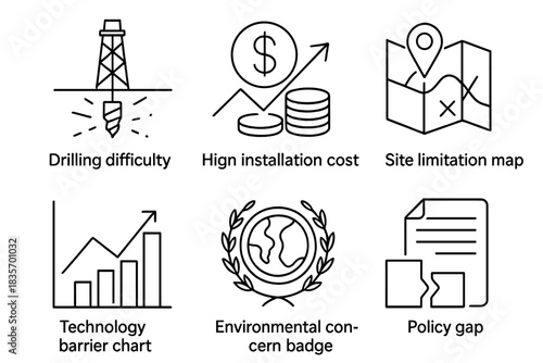 Geothermal Innovation Icons. Line style icons of geothermal innovation challenges: drilling difficulty icon, high installation
