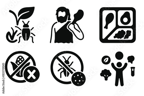 Dietary Compatibility Icons. Solid style icons of dietary compatibility: vegan insect protein icon, paleo-friendly badge, clean