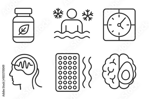 Biohacking Line Icons. Line style icons of biohacking neuroplasticity: nootropic bottle, cold exposure icon, intermittent fasting