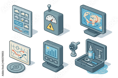 Meteorology Tools Isometric Illustration. Isometric vector illustration set of Meteorology tools: cloud chart reference panel,