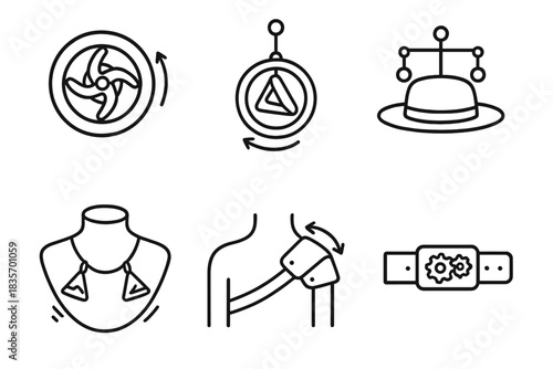 Kinetic Wearable Icons. Line style icons of kinetic wearables: rotating brooch sculpture, spinning pendant art, balance hat