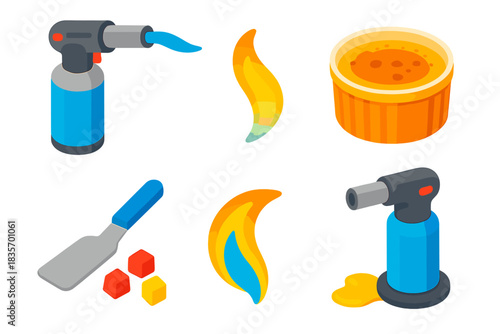 Cooking Techniques Icons. Isometric vector illustration set Cooking techniques – blowtorch, flame tip, sugar crust; crème brûlée