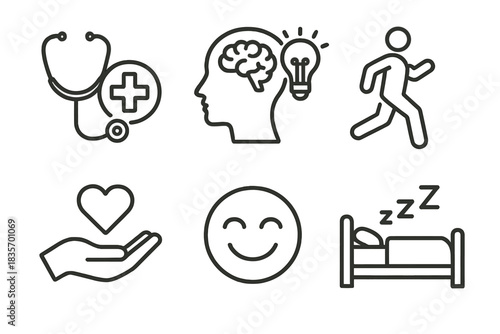 Healthy Aging Icons. Line style icons of healthy aging habits: regular check-up symbol, mental stimulation icon, active lifestyle