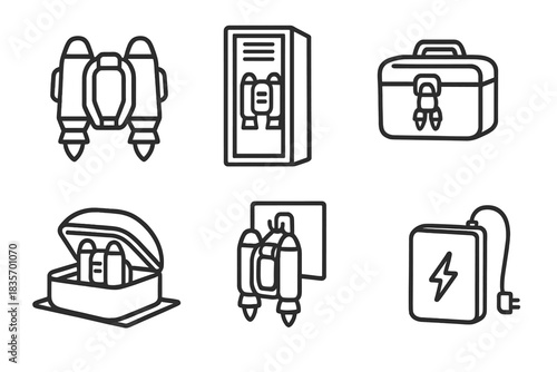 Jetpack Storage Solutions. Line style icons of jetpack storage and portability: foldable jetpack icon, locker storage, compact