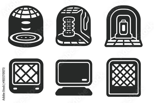 Anti-Gravity Chamber Icons. Solid style icons of anti-gravity chamber interiors: round levitation room, field mesh ceiling,