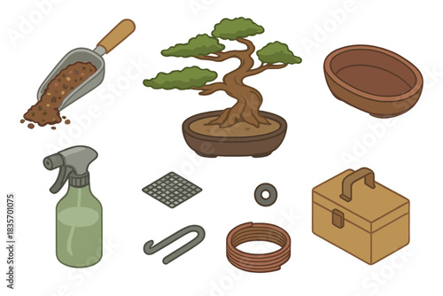 Bonsai Gardening Tools. Isometric vector illustration set of Bonsai gardening: bonsai soil mix scoop, wind-swept style tree, oval