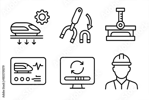 Maglev Maintenance Icons. Line style icons of maglev maintenance and repair: levitation calibration icon, magnet replacement tool,