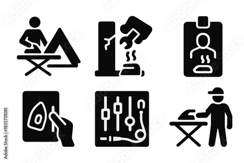 Behind-the-Scenes Icons. Solid style icons of behind-the-scenes action: ironing tent prep, repair gear slab, crew steam badge.