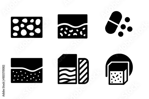 Self-Healing Concrete Layers. Solid style icons of material layers in self-healing mix: aggregate, bacterial layer, capsule