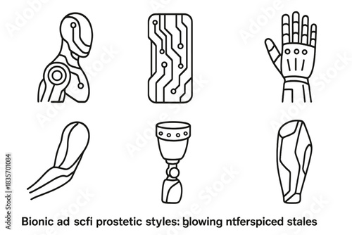Futuristic Prosthetic Icons. Line style icons of bionic and sci-fi prosthetic styles: glowing interface lines, circuit-inspired