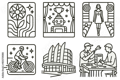 Retro-Futuristic Icons. Line style icons of retro-futuristic events and shows: mod fair poster, build contest stage, analog