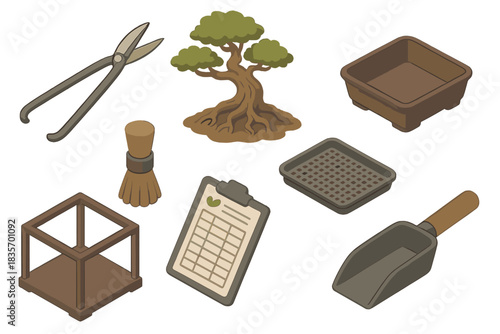 Bonsai Gardening Tools. Isometric vector illustration set of Bonsai gardening: long-handled shears, aged tree with exposed roots,
