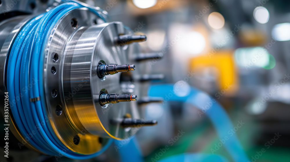 Fototapeta premium Close up view of shiny metal injection molding tool industrial die with blue hoses manufacturing machine component plastic production equipment factory machinery detail