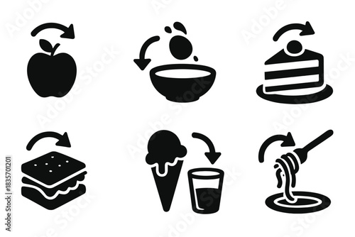 Time-Reversing Food Icons. Solid style icons of time-rewind food actions: unbitten apple reforming, soup jumping back to bowl,