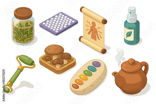 Traditional Medicine Tools. Isometric vector illustration set of Traditional medicine: fermented herb jar, acupuncture mat,