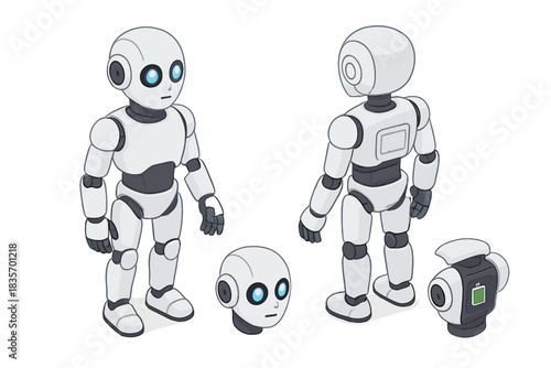 Humanoid Robot Design. Isometric vector illustration set Robotics and AI – Humanoid robot assistant: articulated head, torso