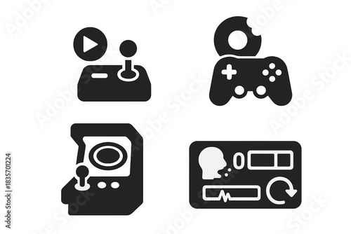 Gameified Reverse Eating Icons. Solid style icons of gameified reverse eating: rewind button joystick, gamepad with snack loop,