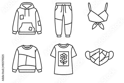 Upcycled Streetwear Icons. Line style icons of upcycled streetwear: oversized hoodie with patches, color-blocked joggers, bandana