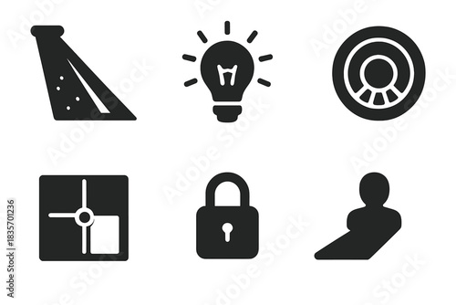 Eerie Light Icons. Solid style icons of eerie light and shadows: shaft glow glyph, flicker bulb icon, lens badge. Dust ray ring,