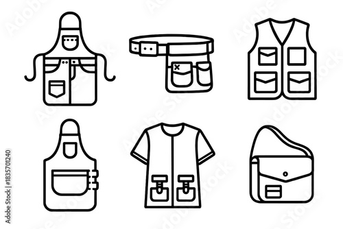 Upcycled Wear Icons. Line style icons of functional upcycled wear: apron from jeans, tool belt with patch, multi-pocket vest,