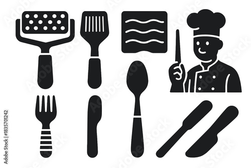 Chef Tool Icons. Solid style icons of chef tools for texture: texture stamp roller, gel layering tool, ripple mold icon. Chef with