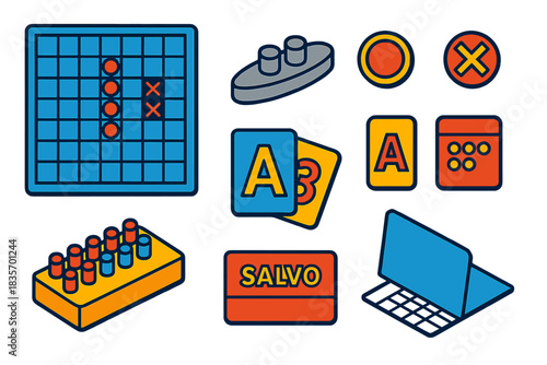 Bright Board Game Icons. Isometric vector illustration set Board games – battle board grid, ship token, hit marker; miss marker,