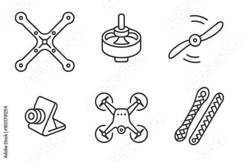 Racing Drone Icons. Line style icons of racing drones: racing quadcopter frame, brushless motor symbol, propeller spinning icon,