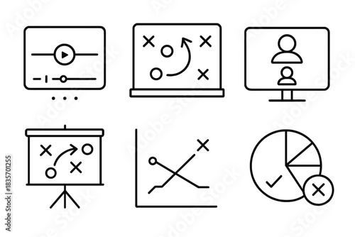 E-sports Analysis Icons. Line style icons of scrim and match review: replay timeline scrubber, tactical pause screen, team review