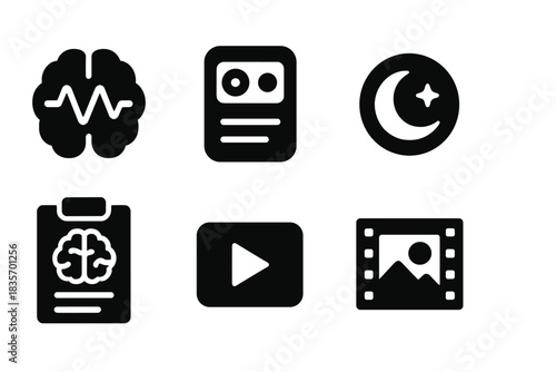 Neural Dream Icons. Solid style icons of neural dream recording: brain with wave glyph, recorder icon, log badge. Night memory