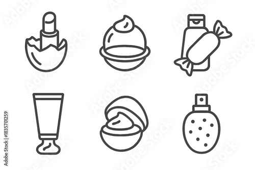 Edible Cosmetic Packaging Icons. Line style icons of edible innovations in cosmetics packaging: lip balm chocolate shell, lotion