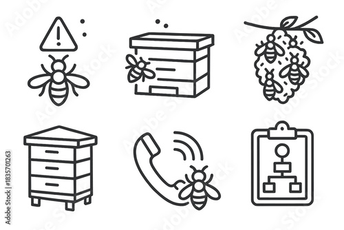 Swarm Management Icons. Line style icons of swarm management: swarm alert icon, bait box for swarm, capturing swarm cluster,