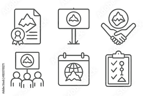 Glacier Conservation Icons. Line style icons of policy and glacier conservation: glacier protection law icon, preservation