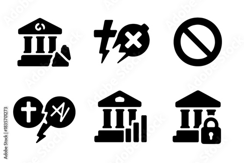 Cultural Clash Icons. Solid style icons of culturally charged ruins: sacred site with marks glyph, clash of values icon, taboo tag