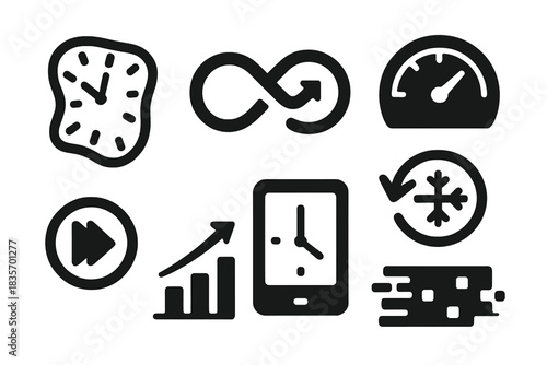 Dream Time Icons. Solid style icons of temporal distortion in dreams: warped clock icon, time loop glyph, speed dial badge. Freeze