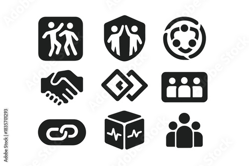Collaborative Performance Icons. Solid style icons of collaborative performance tokens: duo dance NFT, sync motion badge, shared