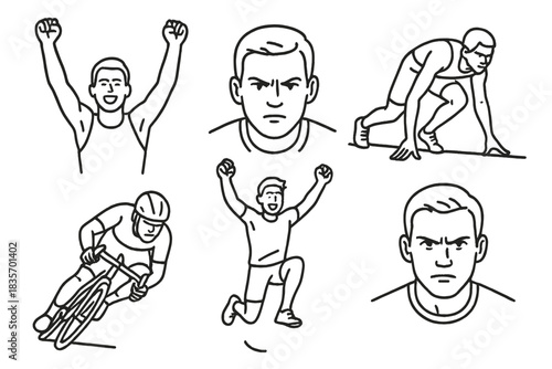 Athlete Emotions Icons. Line style icons of athlete emotions: celebration arms raised, focused face sketch, race start tension,