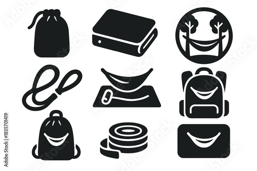 Travel Hammock Icons. Solid style icons of travel and portable hammock gear: compact hammock bag icon, foldable rig slab,