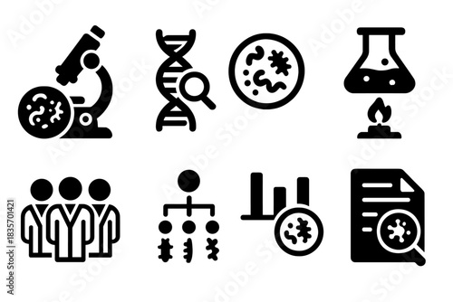 Microbiome Research Icons. Solid style icons of microbiome research: microscope and bacteria, genome sequencing icon, culture dish