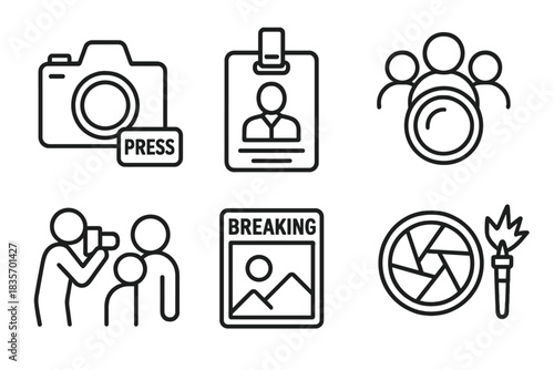 Photojournalism Icon Set. Line style icons of photojournalism: press camera icon, journalist badge, crowd scene with lens, candid