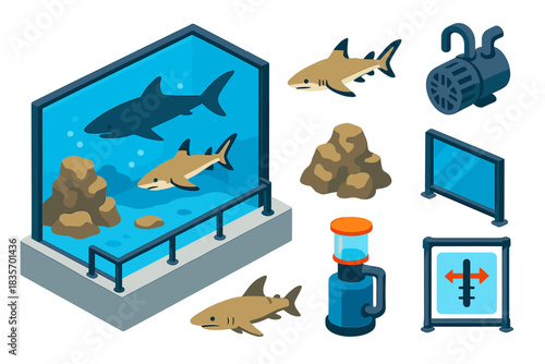 Isometric Aquarium Life. Isometric vector illustration set Aquarium life – shark tank, blacktip reef shark, sand shark; rocky