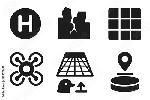 Megastructure Top Views. Solid style icons of megastructure top views: helipad glyph, skyline crack icon, grid badge. Drone ring,