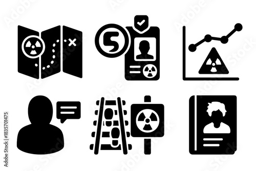 Post-Nuclear Tourism Icons. Solid style icons of post-nuclear tourism guides: tour map glyph, safe path icon, badge ID. Marker