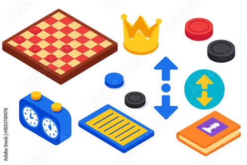 Colorful Checkers Essentials. Isometric vector illustration set Board games – checkered board, red disc, black disc; king crown